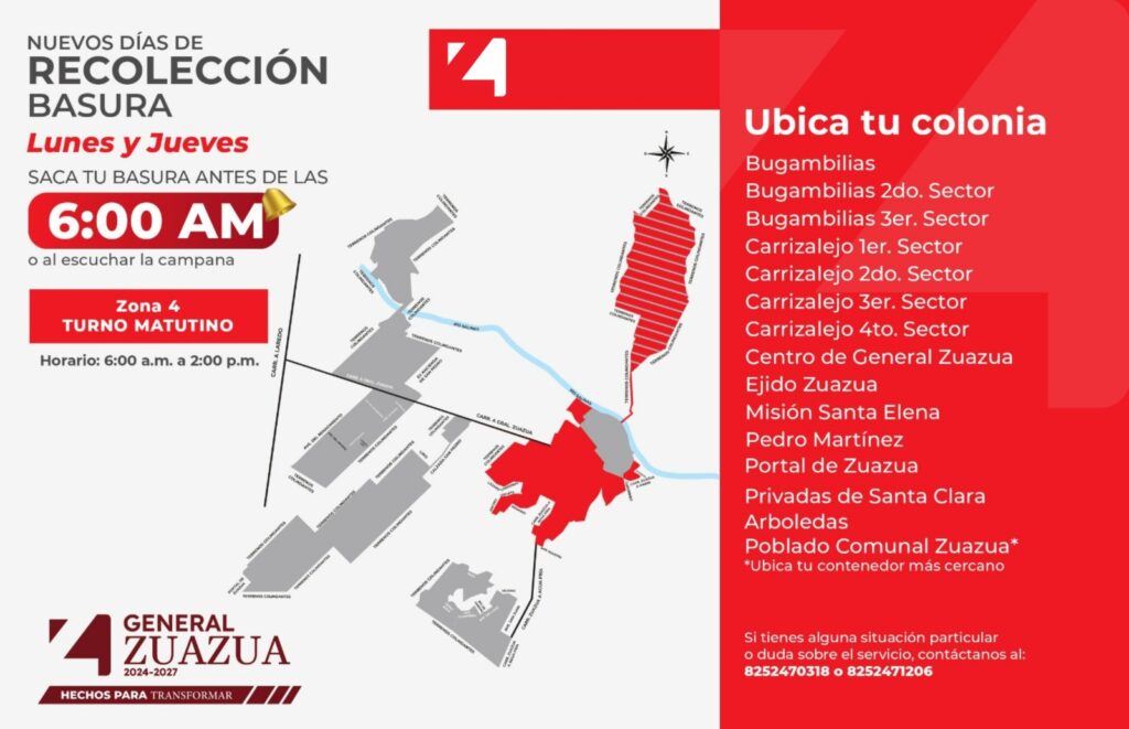 Días de recolección de basura Lunes y Jueves Bugambilias Bugambilias 2do. Sector Bugambilias 3er. Sector Carrizalejo 1er. Sector Carrizalejo 2do. Sector Carrizalejo 3er. Sector Carrizalejo 4to. Sector Centro General Zuazua Ejido Zuazua Misión Santa Elena Pedro Martínez Portal de Zuazua Privadas de Santa Clara Arboledas Poblado Comunal Zuazua