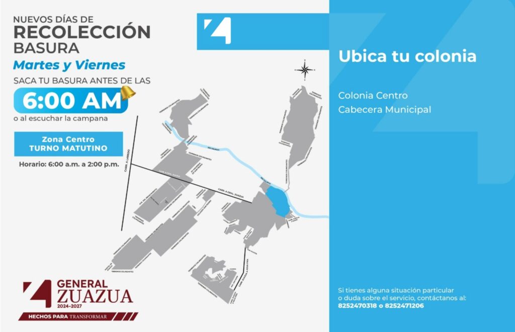 Días de recolección de basura Martes y Viernes turno matutino Colonia Centro Cabecera Municipal