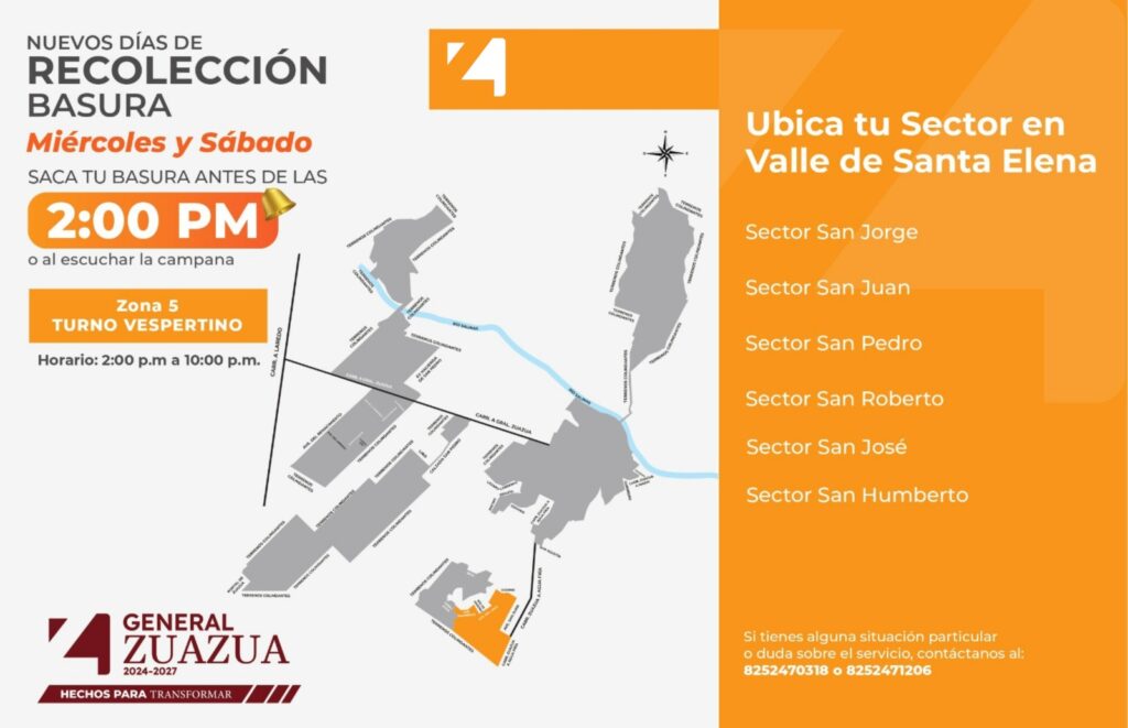 Días de recolección de basura miércoles y sábado turno vespertino Sector Valle de Santa Elena Sector San Jorge Sector San Juan Sector San Pedro Sector San Roberto Sector San José Sector San Humberto