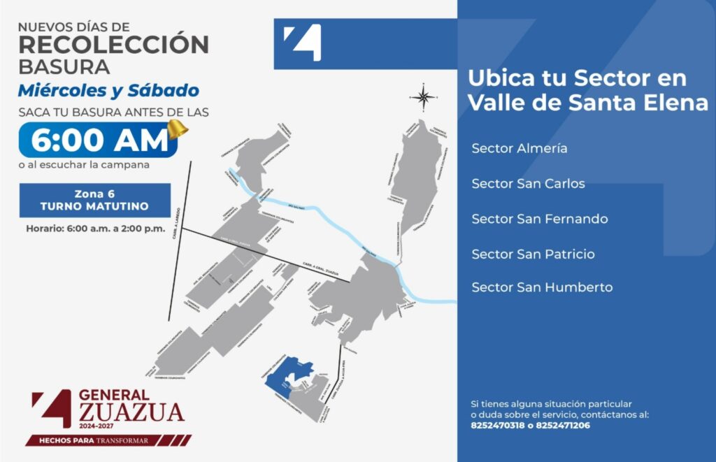 Días de recolección de basura miércoles y sábado tuno matutino Sector Valle de Santa Elena Eector Almeria Sector San Carlos Sector San Fernando Sector San Patricio Sector San Humberto