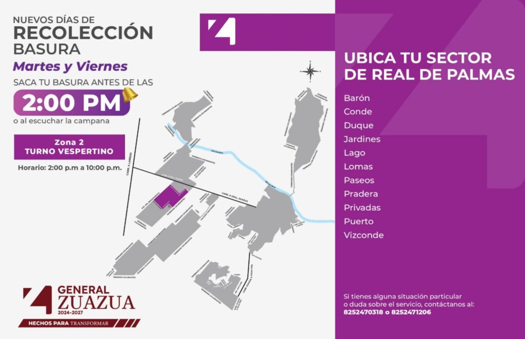 Días de recolección de basura martes y viernes Sector Real de Palmas zona 2 Barón Conde Duque Jardines Lago Lomas Paseos Padera Privadas Puerto Vizconde